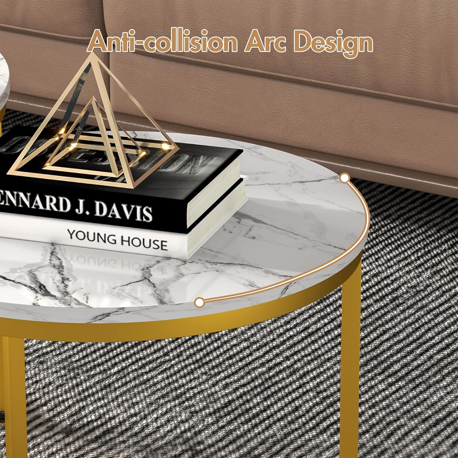 Advwin Coffee Table Set of 2, round Nesting Table Marble Pattern Wooden Side Table Metal Frame End Table for Living Room White image number 2