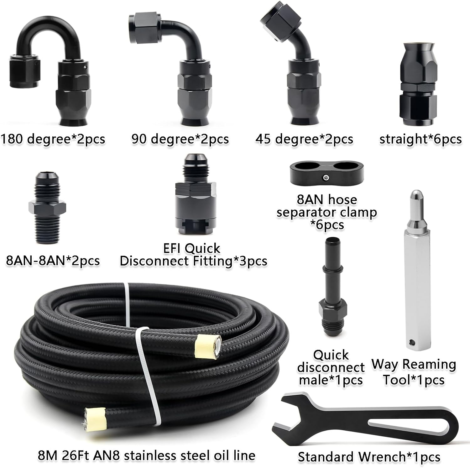 8AN PTFE Fuel Line Kit, 13/32" Nylon Stainless Steel Braided, LS Swap EFI E85 Injection Fuel Hose Fitting AN8 26FT