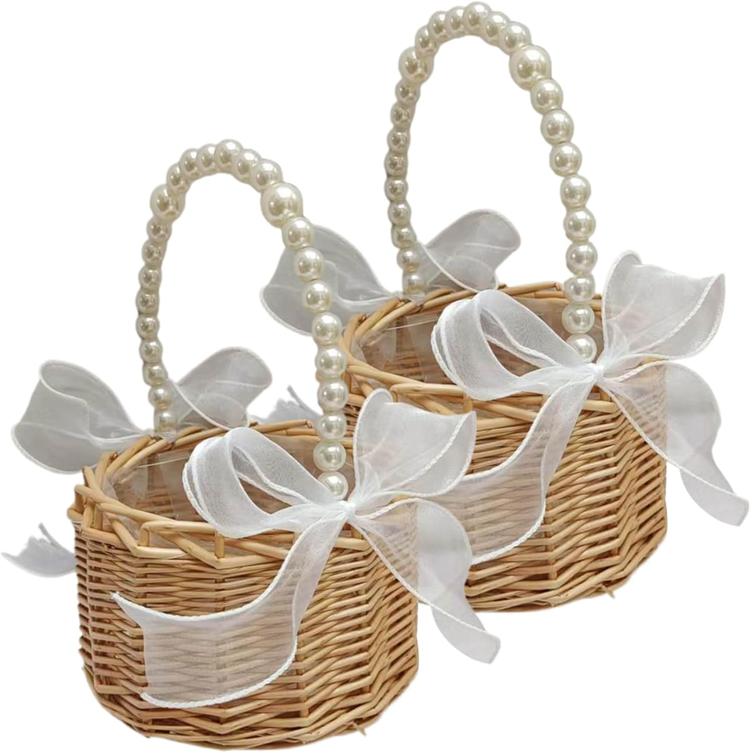 Flower Girl Basket Set of 2 Rattan Flower Basket with Pearl Handle and Bow Decorative Flower Girl Baskets for Weddings Ceremony Style1 Flower Basket Flower Girl Basket Set of 2 Flower Girl Baskets Fo