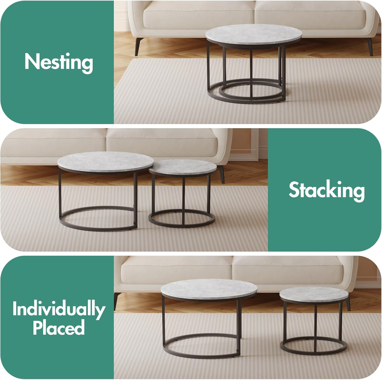 Round Coffee Table, Modern Marble Effect Nesting Table Set of 2 with Metal Frame for Living Room Balcony and Small Space image number 3