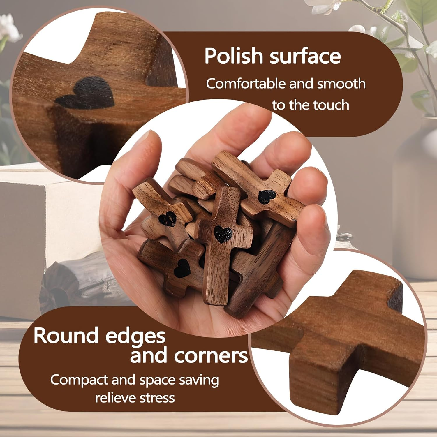 5 Pack Cross My Heart, Walnut Wooden Pocket Cross, 2" Small Carrying Prayer Cross for Hand Holding, Wood Comfort Palm Cross Religious Encouragement Present for Praying Clutching Clinging (5Pcs) image number 5