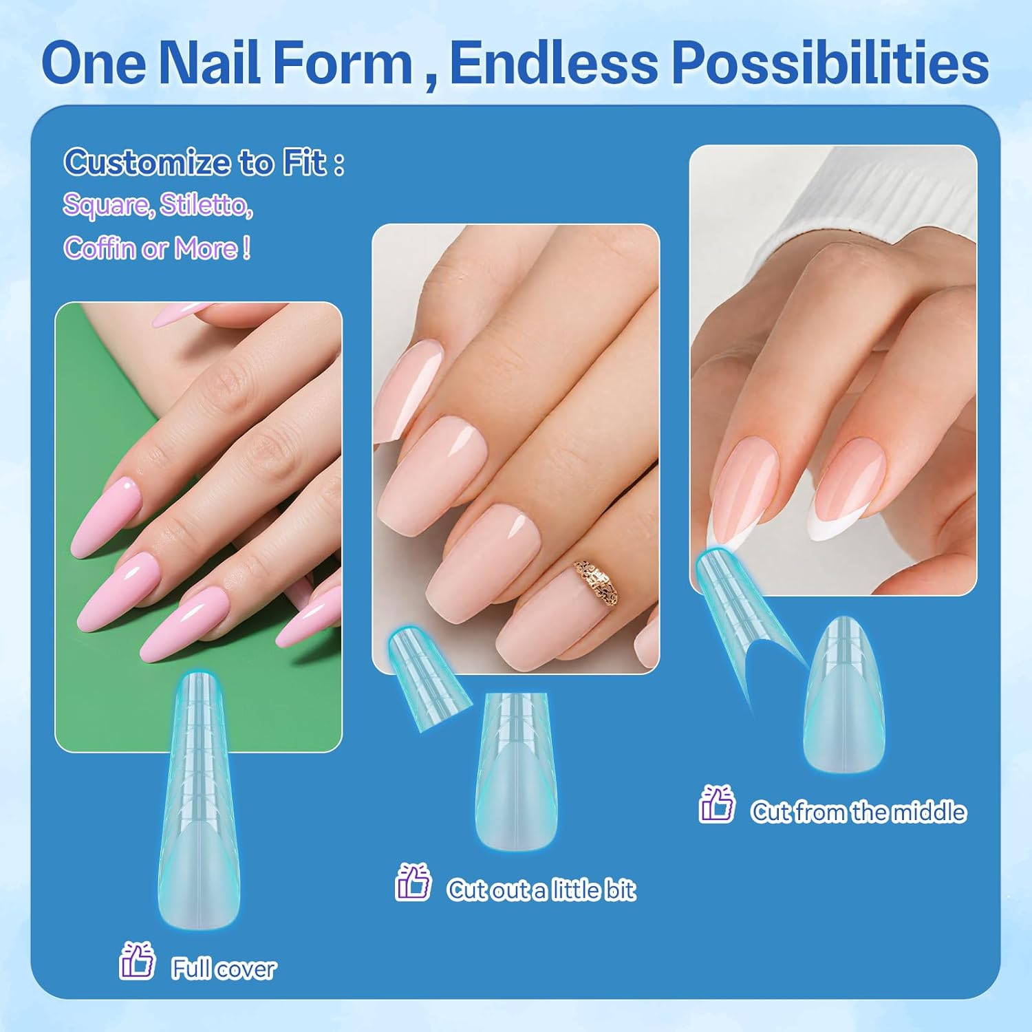 AMILHITON 288PCS Dual Nail Forms Set for Poly Gel & Builder Gel, 12 Mixed Shapes Full Cover Molds with Length Scale, Multicolor Matte & Clear Reusable Forms for Nail Extension Practice & DIY Manicure image number 6