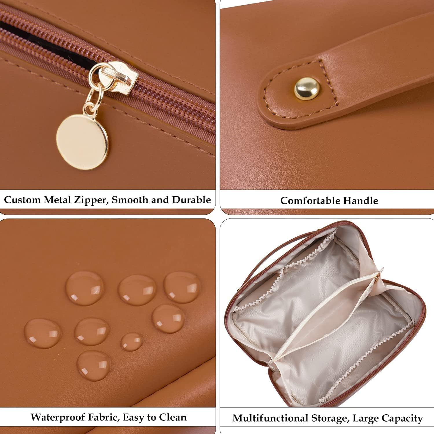 Cosmetic Bag, Large Capacity PU Waterproof Storage Makeup Bag,Open Flat Toiletry Bag Makeup Organizer,Women Portable Travel Makeup Bag with Handle Skin Care Cosmetics Toiletries - Brown image number 3