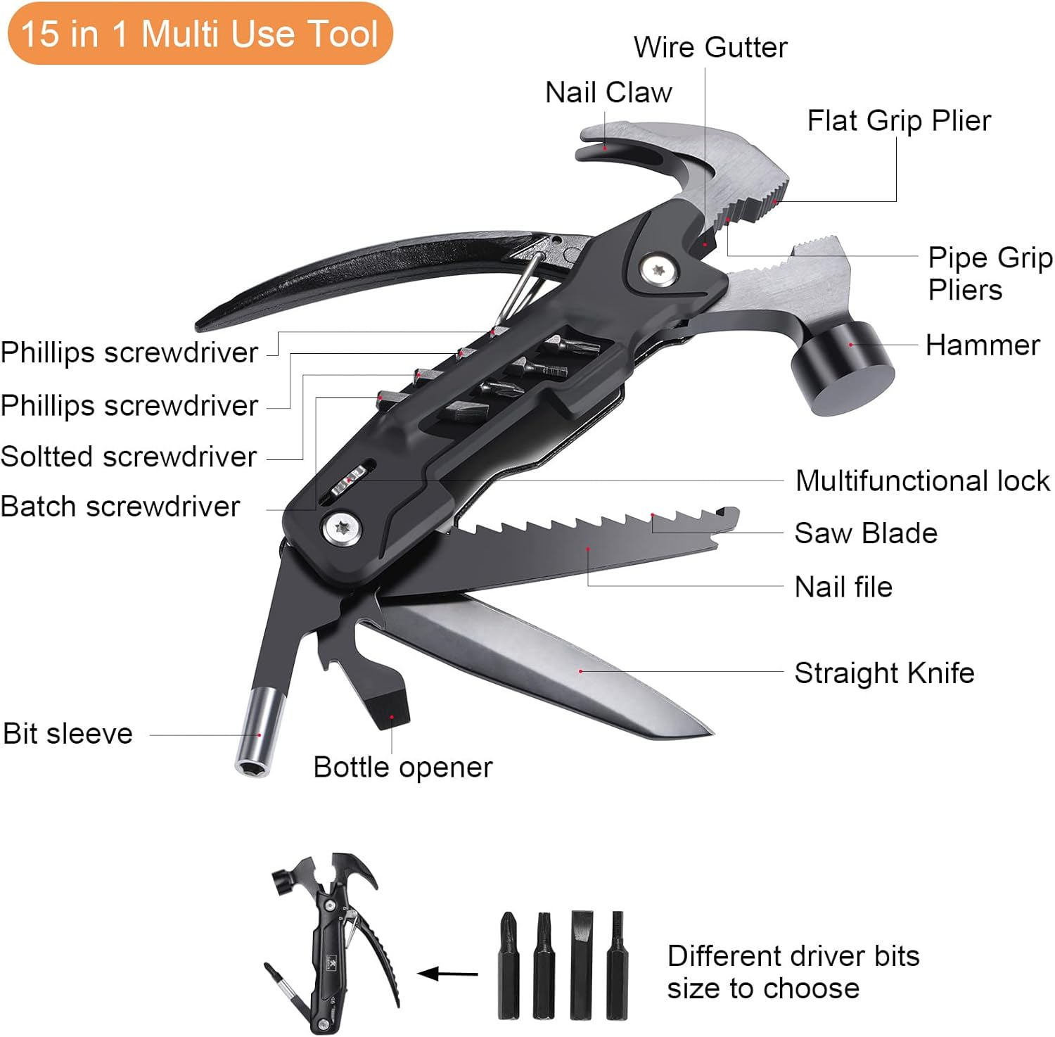 SAWKIT Multi-Tool Pliers Multi-Functional 15 in 1 Mini Hammer Camping Gear Survival Tool for Men, DIY Handyman, Father/Dad, Husband, Boyfriend, Women, All in One Survival Tools Small Hammer Multitool image number 2