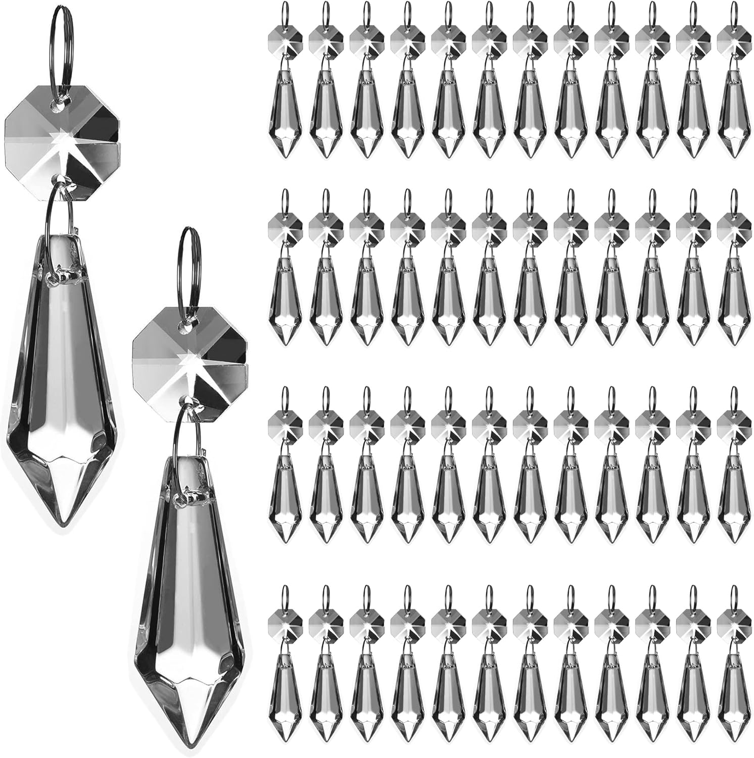 HDCRYSTALGIFTS Clear Chandelier Icicle Crystal Prisms Octogan Glass Bead for Lamp Decoration,Pack of 50 (38Mm&Silver Circle Clips) - 20Pcs_Silver Connector image number 2