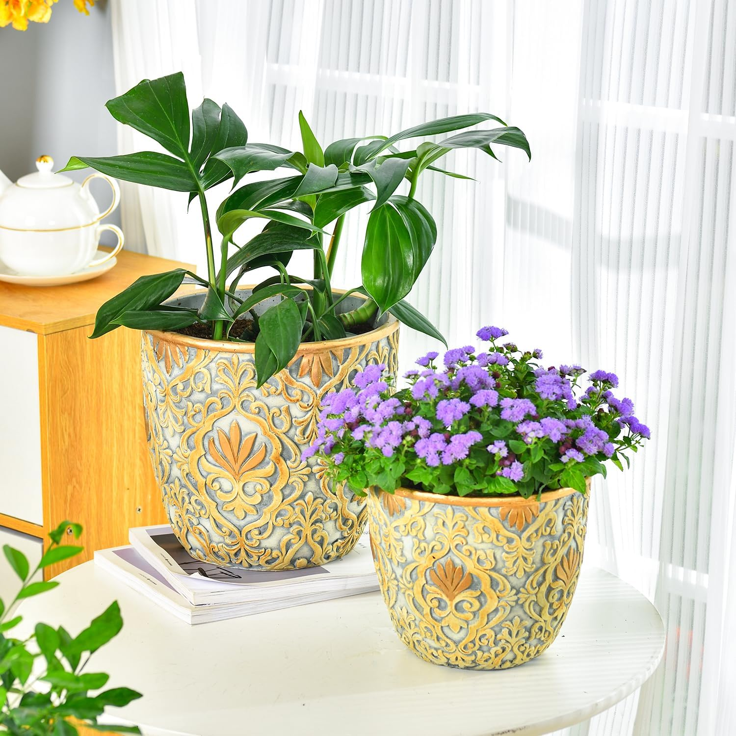 Sungmor Large Heavy Duty Cement Planters, Beautiful Embossed Concrete Garden Pots, 8" & 10" Set of 2 Plant Pots with Drainage Hole, Home Garden Decorative Flower Pots for Indoor Outdoor Plants Floral image number 1