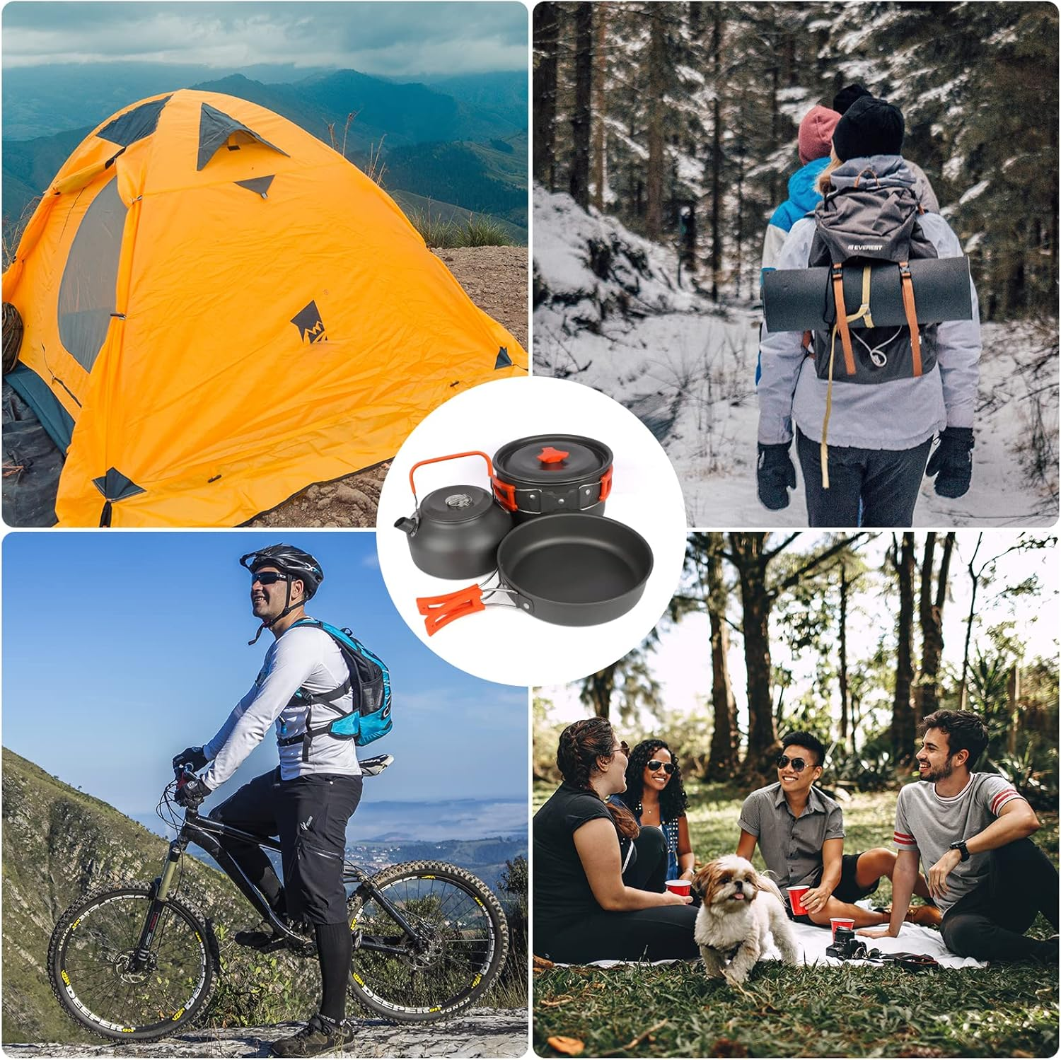 16Pcs Camping Cookware Mess Kit, Aluminum & Stainless Steel, Orange, One Size image number 3