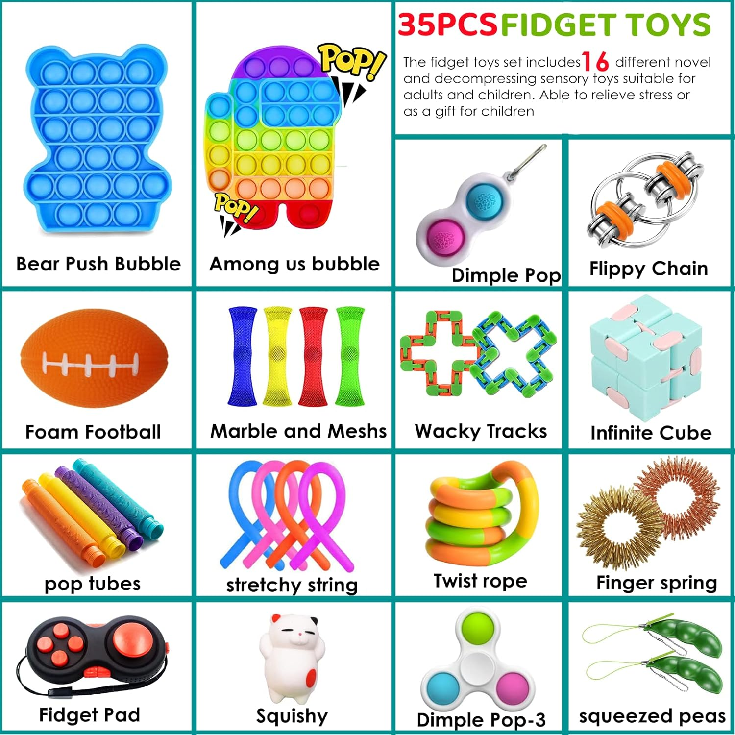Bestek 35Pcs Sensory Fidget Toys Set for Boys Girls,Anxiety Relief Sensory Toy Pack for Autism Kids Birthday Party Favors, Bag Fillers Christmas Gifts image number 4