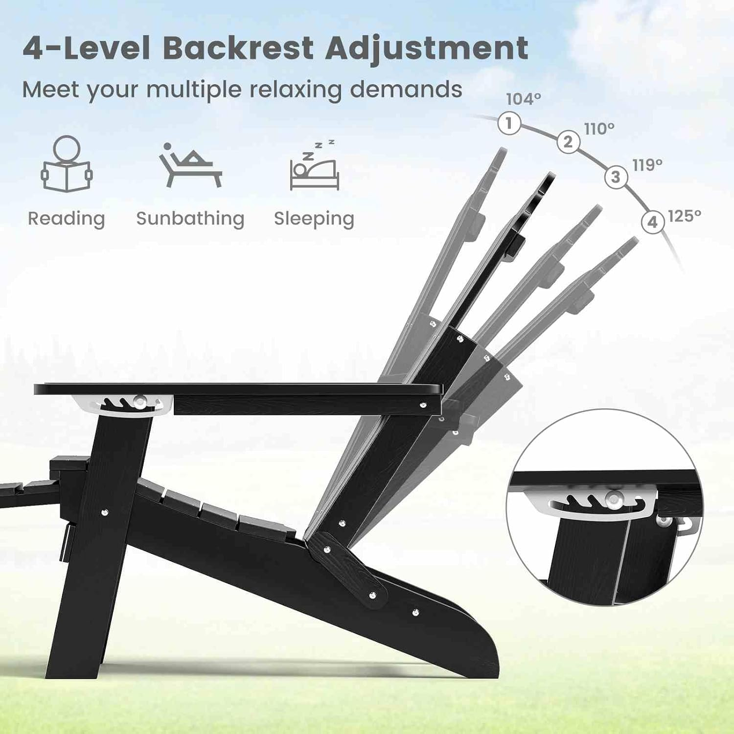 Costway Patio Adirondack Chair, All-Weather HIPS 180Kg Loaded Lounge Chair W/Retractable Footrest & Adjustable Backrest, Outdoor Folding Adirondack Chaise Lounge for Lawn, Backyard (Black)