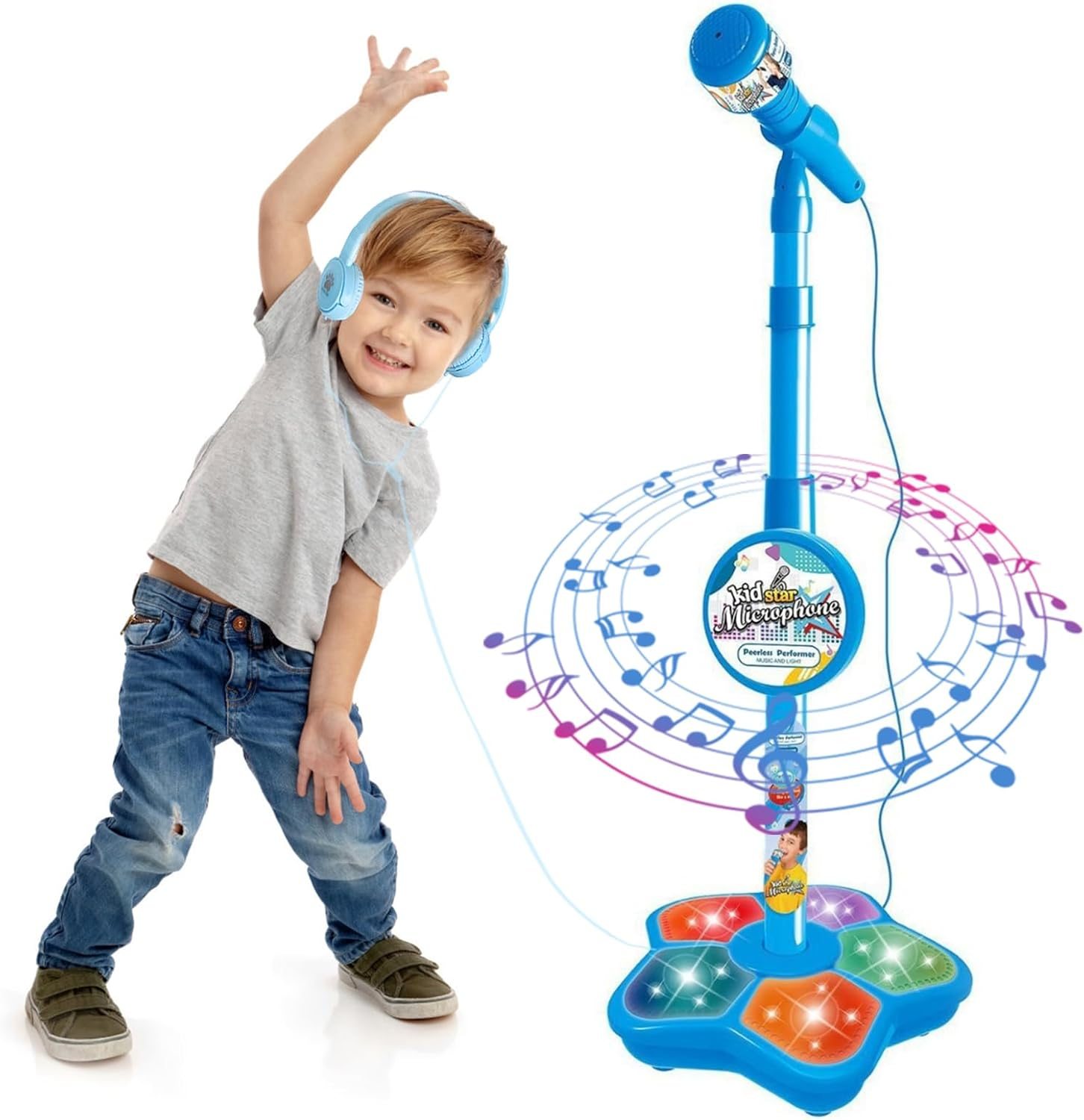 Kids Karaoke Machine with Adjustable Microphone Stand for Kids Standing Mic for Portable Singing Retractable Headset for Music & Sing-Along Flashing Stage Light Base for Aged 3-6 Boys Girls (Pink)