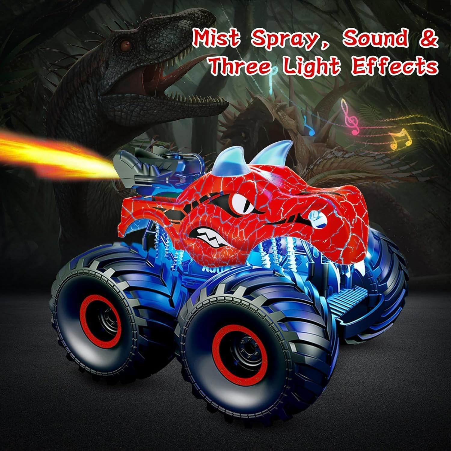 Remote Control Dinosaur Car, 2.4Ghz RC Monster Trucks for Boys with Spray, Light & Sound, All Terrain RC Cars with 2 Batteries, Dinosaur Toys for Kids 3 4 5 6 7 8, Christmas Birthday Gift (Red)