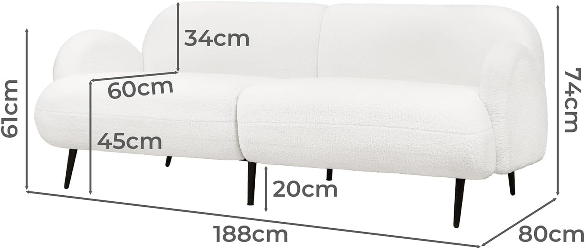 LEVEDE 3 Seater Sofa, Soft Upholstered Boucle Sherpa Fabric Loveseat Sofa Couch, Comfy Recliner Sofa Lounge, Spare Bed for Guest Room, Living Room, Office, Studio, Load up to 250Kg (188Cm, White) image number 6