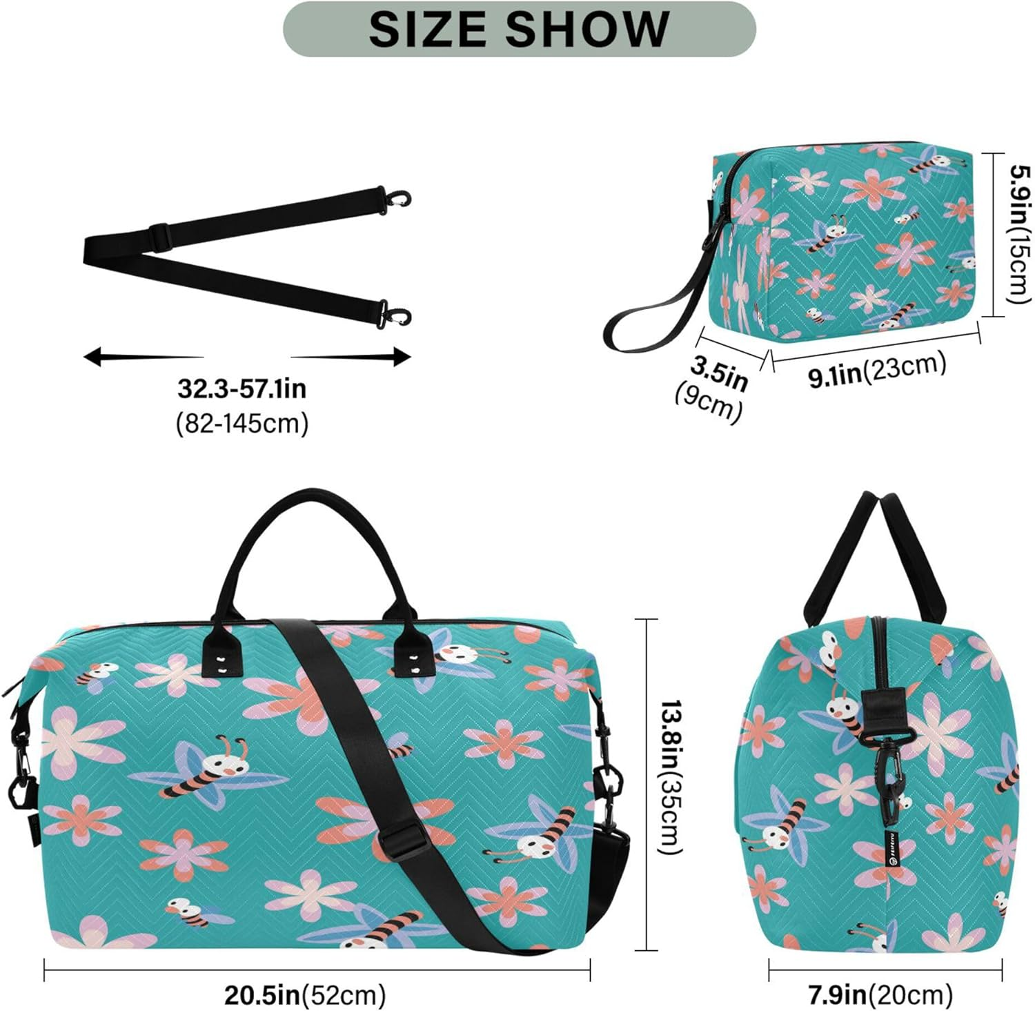 Duffel Bags Workout Bag Travel Weekender Gear Bag with Adjustable Strap for Trekking Multifunctional Bee Cartoon Turquoise Flower, Multi, One Size, Modern/Fitted, Multi, One Size, Modern/Fitted image number 3