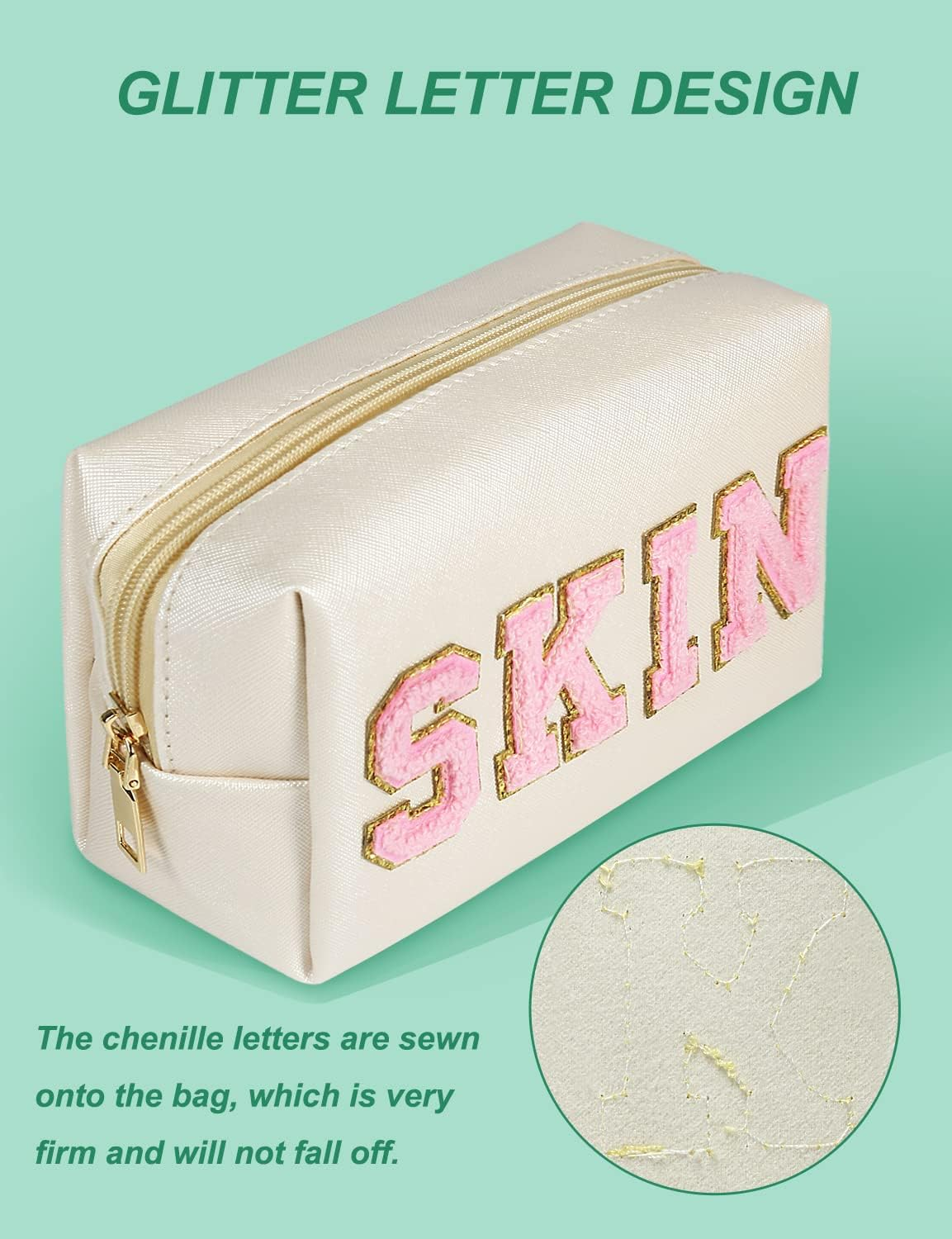Makeup Bag, Synthetic Leather Patch Cosmetic Bag with Skin Chenille Letter for Travel, Girlfriend or Wife, Present for Girls, Daughter, Sister and Mother image number 2