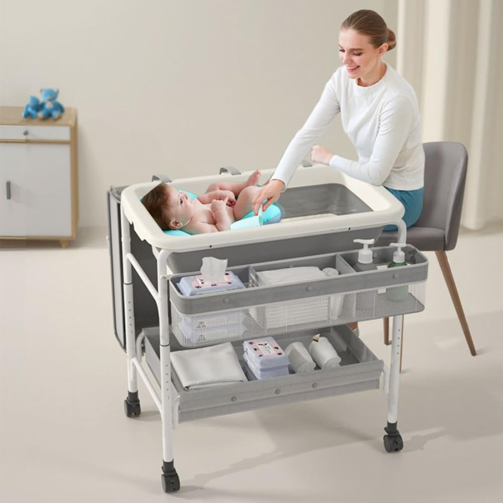 CHAOFLIGHT Portable Baby Changing Table 2-In-1 Baby Change Station with Tub Foldable Baby Bath Stand with Adjustable Height Diaper Change Table for Newborn Infant Mobile Nursery Organizer image number 6