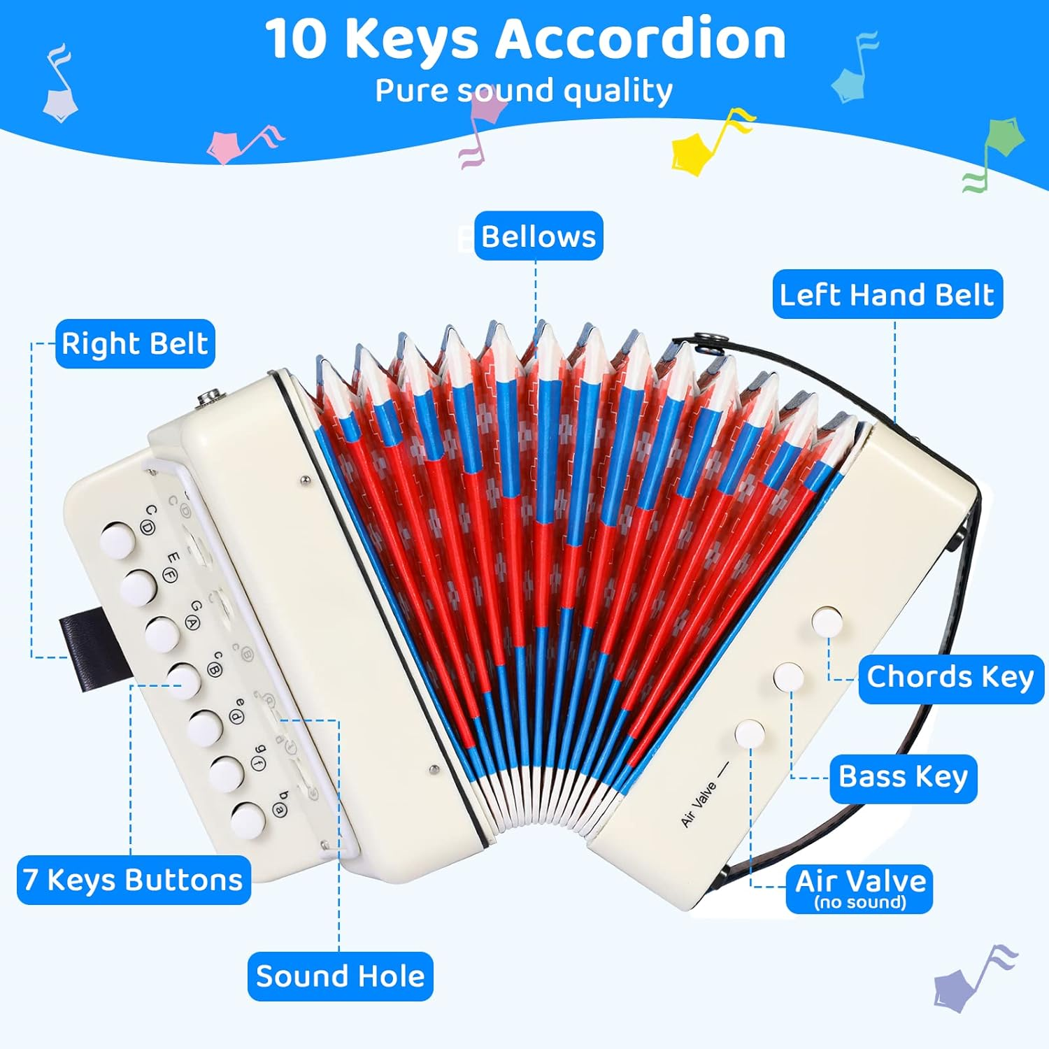 LIFERUN Accordion Instrument, 10 Keys Button Accordion Button Accordion, Kids Accordion, Gifts for Kids Children Beginners, Lightweight and Environmentally-Friendly (White)
