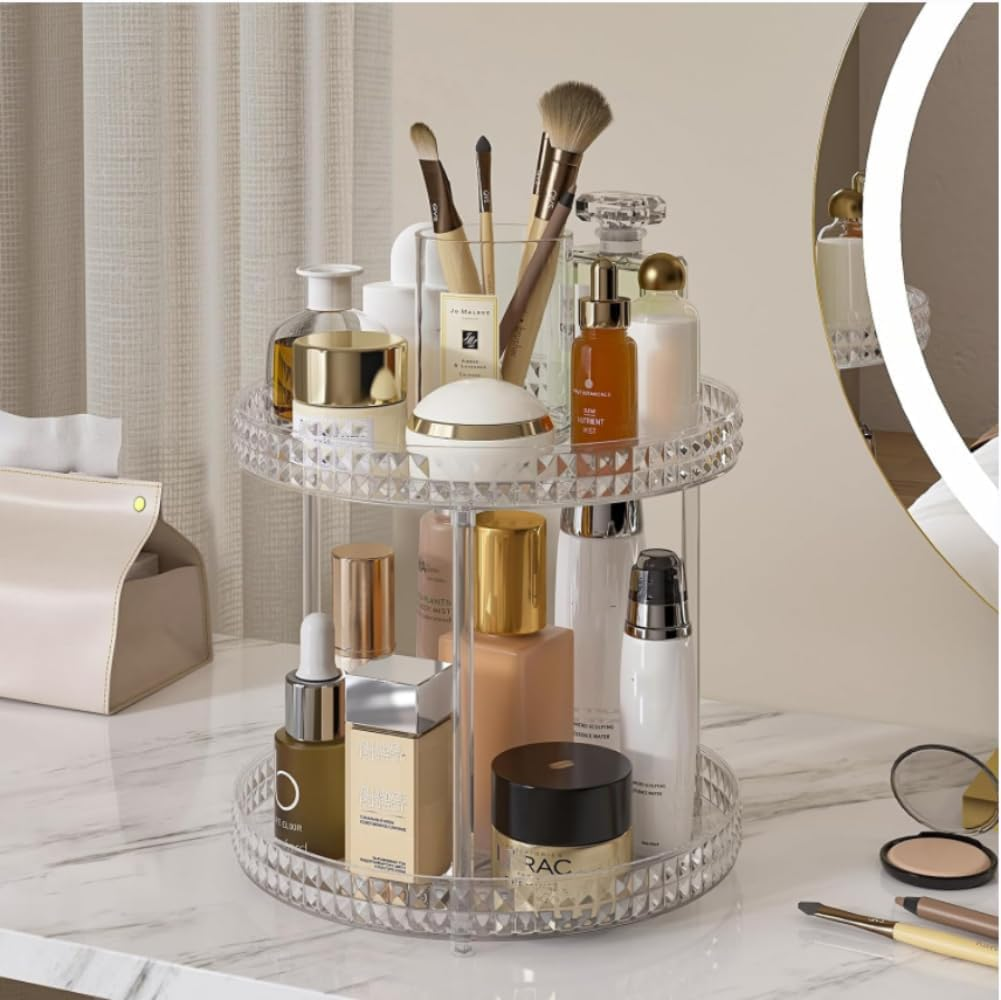 ROWNYEON Rotating Makeup Organizer 2 Tier Skincare Organiser Lazy Susan Bathroom Organiser Perfume Organiser Spinning Cosmetics Organizer for Vanity，Cabinets, Pantry, Fridge, Countertops，Kitchen