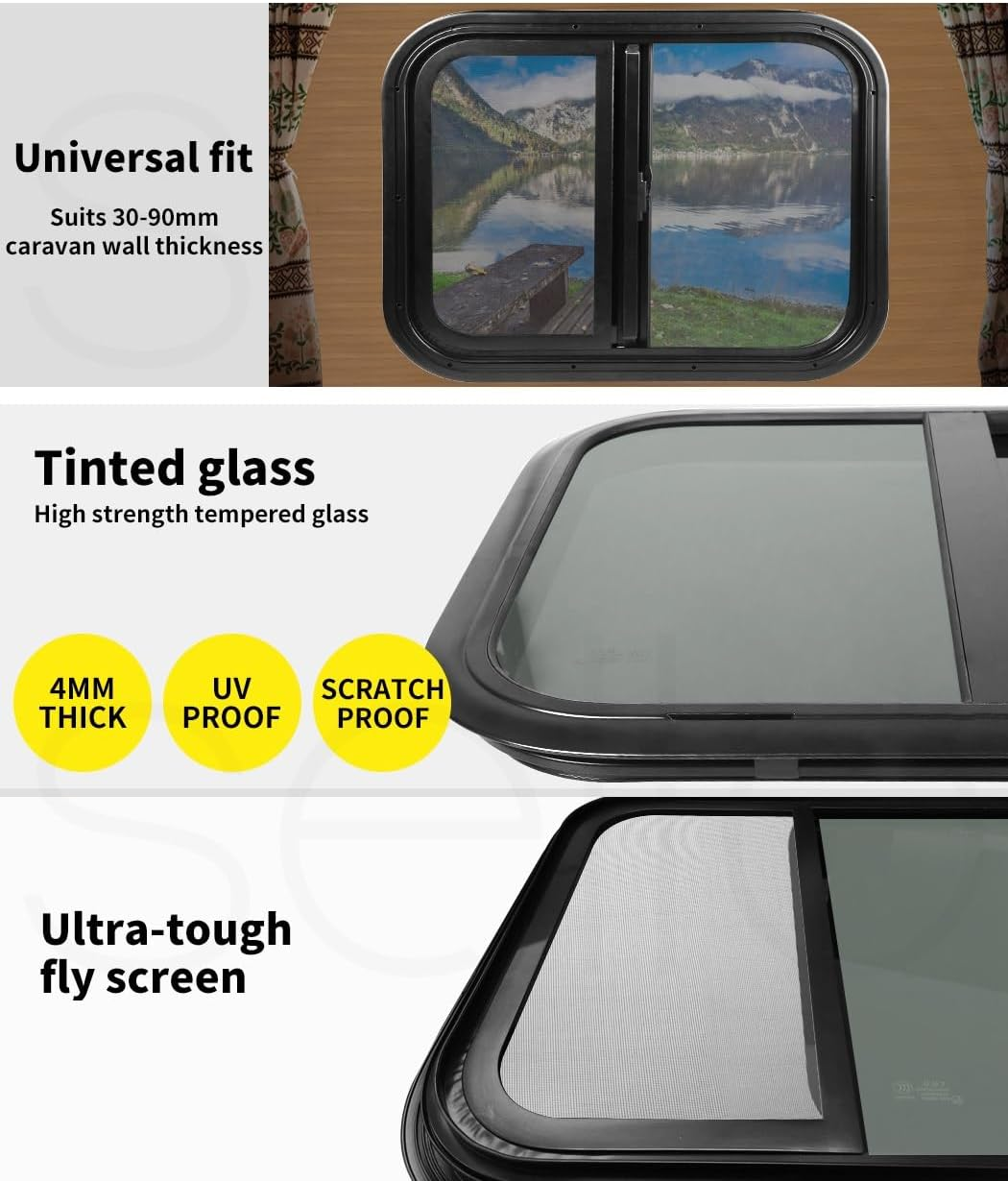 Manan Sliding Windows Caravan Motorhome Float Horse RV UTE Camper Yacht Safe Lock Waterproof, Thermalproof, Scratchproof, Soundproof, Protection Uvproof, 60Cmx50Cm(Black) - Black image number 2