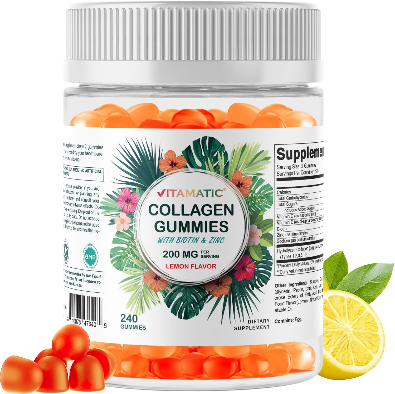 Vitamatic Hydrolyzed Collagen Gummies with Vitamin C, Zinc and Biotin, 200 Mg - Healthy Skin Support - 240 Gummies