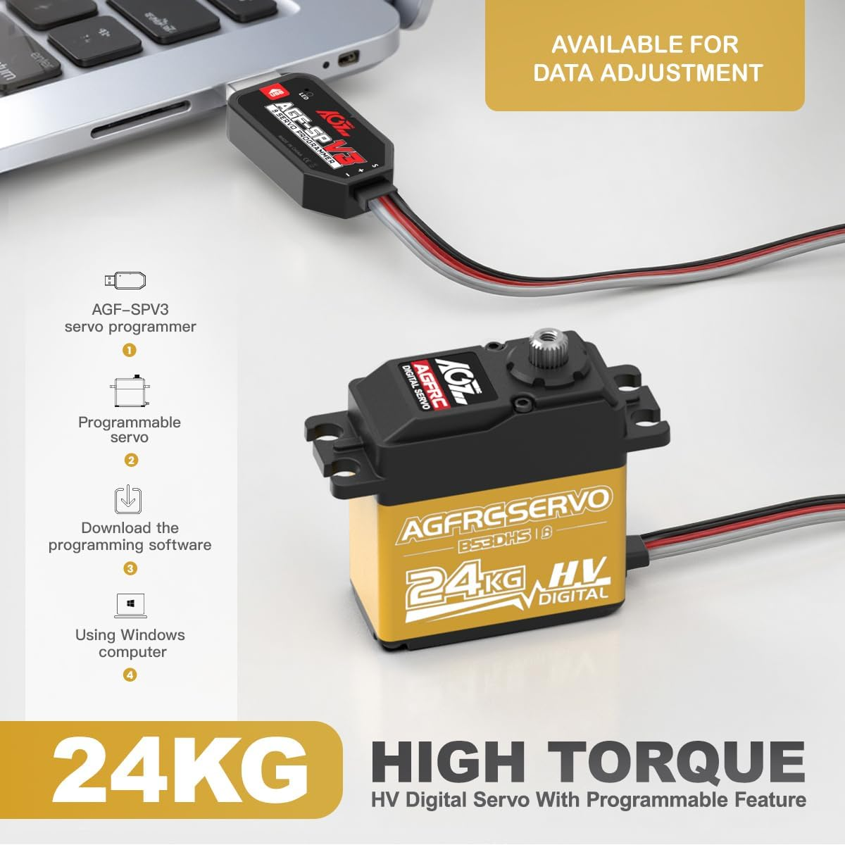 AGFRC 24KG Digital High Torque Servo Programmable Metal Gear Steering Servo for 1/10 RC Model, 180 Degree (B53DHS) image number 4
