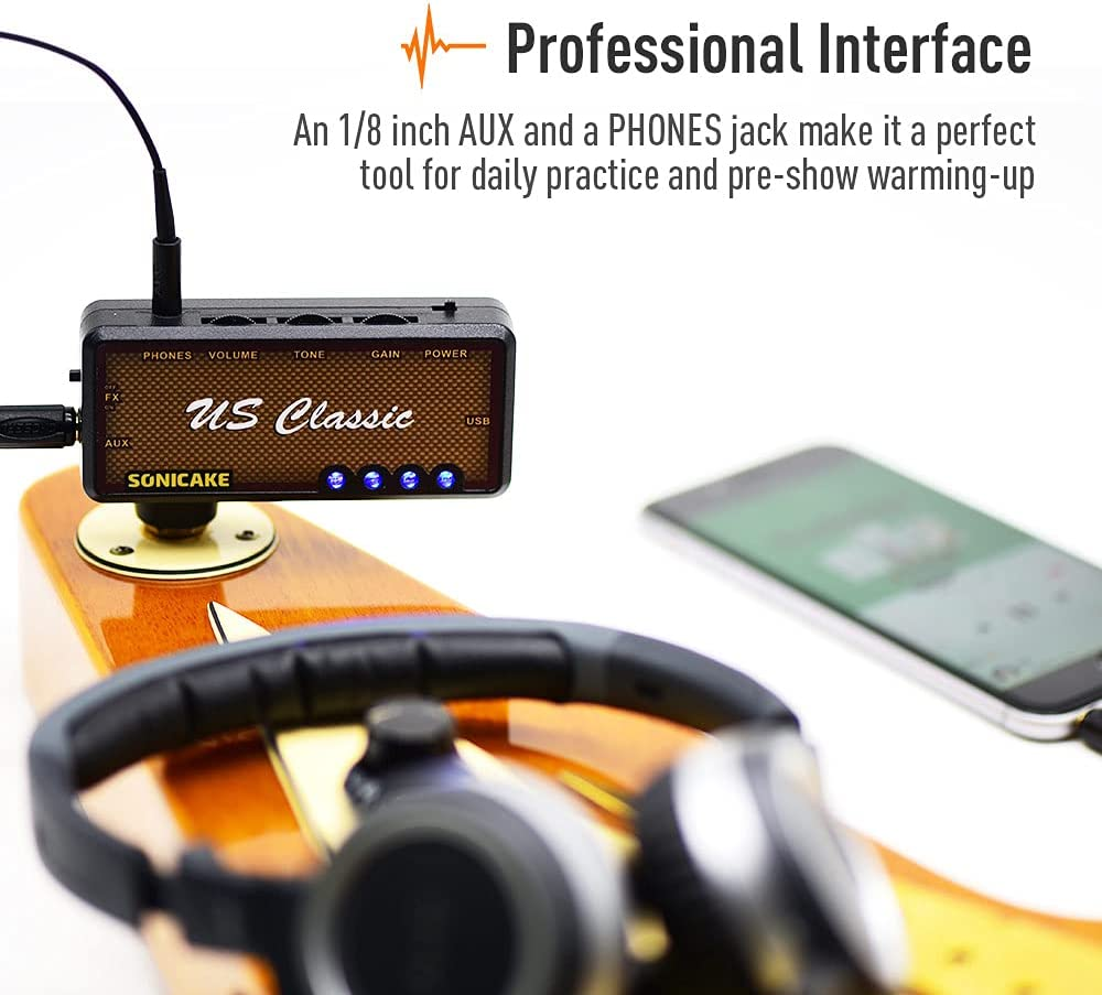 SONICAKE US Classic - Guitar Headohone Amp, Mini Guitar Rechargable Headphone Pocket Amplifier, Built-In Reverb Effects and AUX Input, Plug-In USB Chargable for Bedroom Practice image number 5