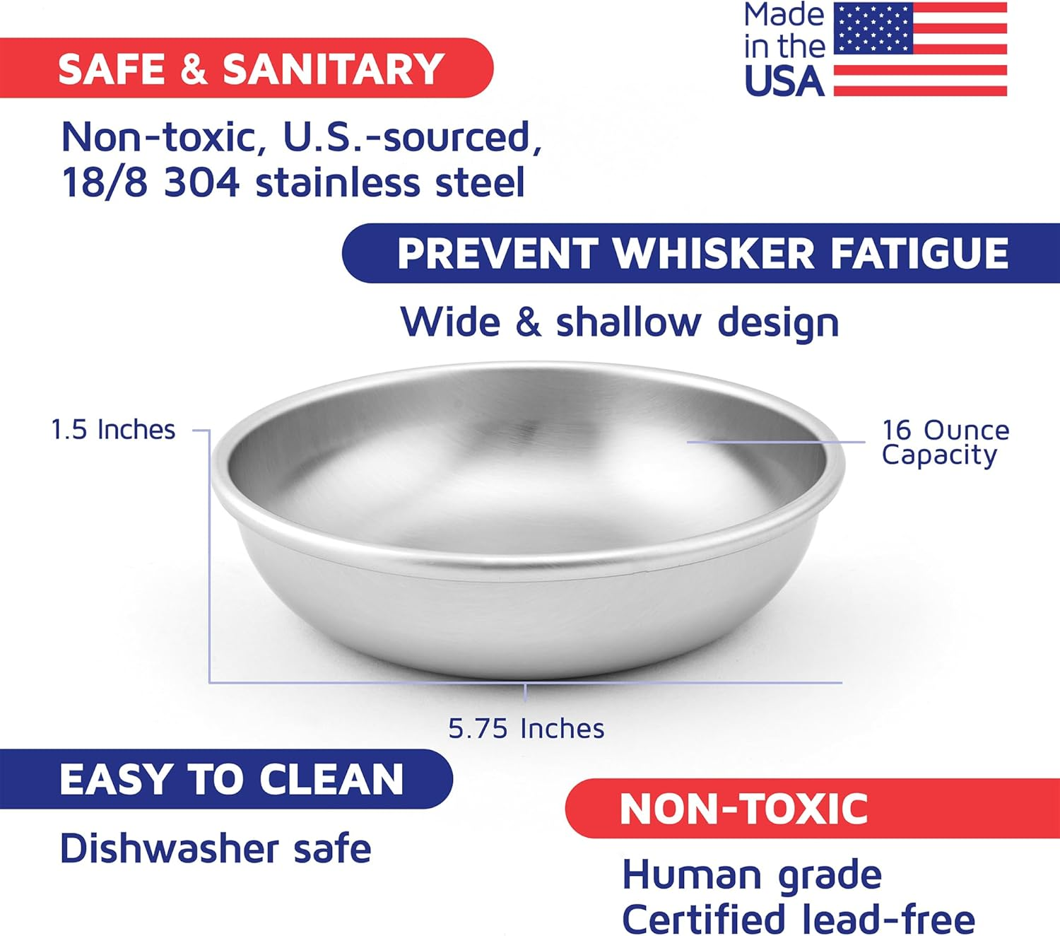 Stainless Steel Cat Bowl for Food & Water by Americat &ndash; Made in USA &ndash; Dishwasher Safe, Human Grade, Whisker Friendly Dish (1 Bowl) image number 2
