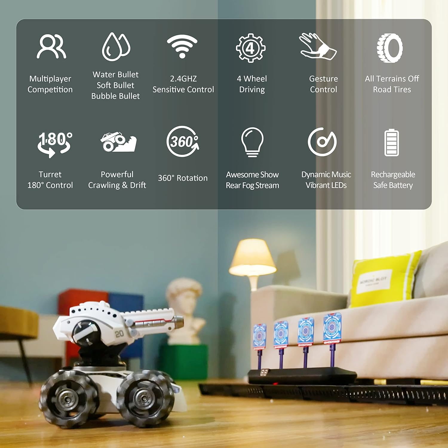 CXJ 3 Head RC Tank Car, Shooting Water Bullets(Bomb) Remote Control Car, Kids 4WD Battle Stunt Car, Blow Bubble, Shoot Foam Darts, 360&deg;Rotating, Leds, Music, Toy Gifts for 6-15 Years Old Boys Girls image number 6