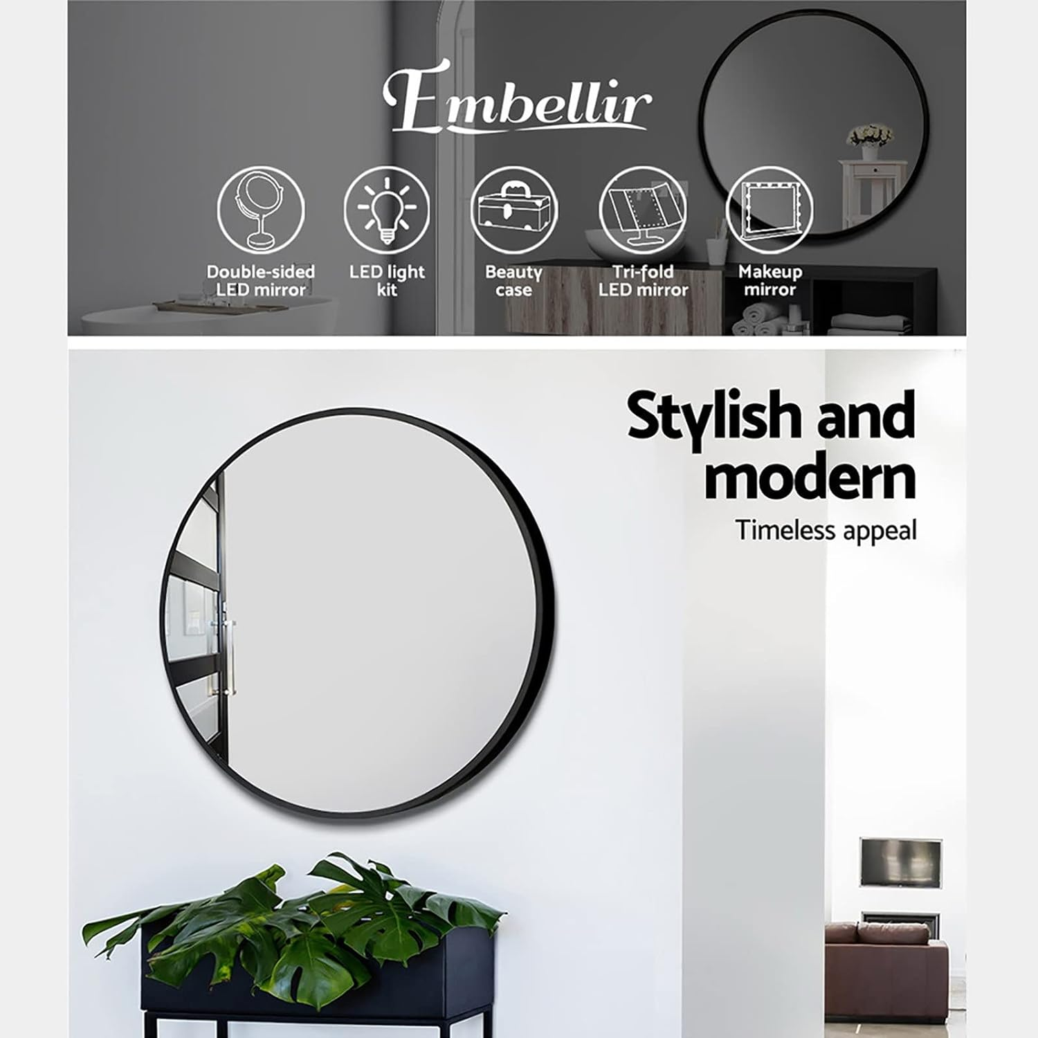Embellir Wall Mirror, 80Cm Metal Frame Vanity Makeup Shower Bathroom Make up Mirrors Wall-Mounted Decorative Hanging Room Decor for Home Bedroom Hallway, Oval Silver Coated Modern Circle Black image number 1