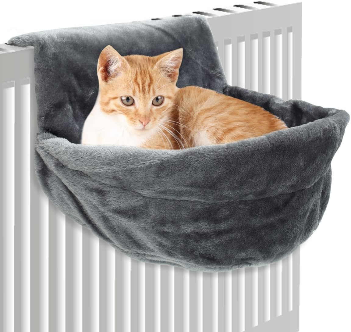 Plush Radiator Cat Hanging Bed - round Cosy Warm Fleece Hammock for Small Pets, Kittens, Puppies - Easy to Assemble (Grey)