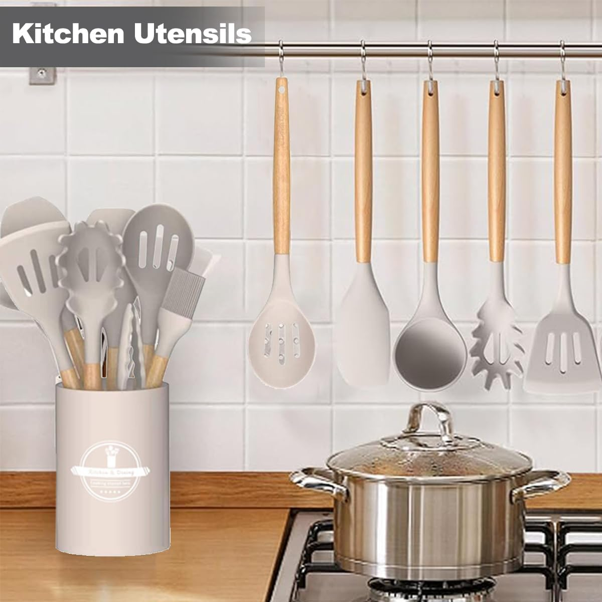 Kitchen Utensil Set（33- Piece）,446&deg;F Heat Resistant, Non-Stick Cookware,Multi Functional Silicone Cooking Utensils Set with Wooden Handles for Cooking, Baking（Khaki） image number 5