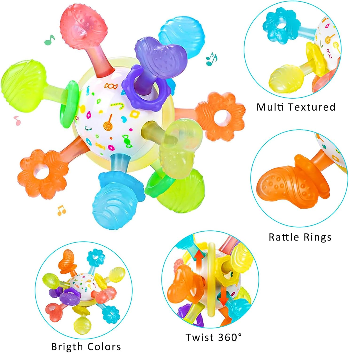 Baby Teething Toys, TOTCOZY Food Grade Silicone Teething Ball Toys with Multiple Textures, Colourful Sensory Development Rattle, BPA Free, 0 Months+ image number 6
