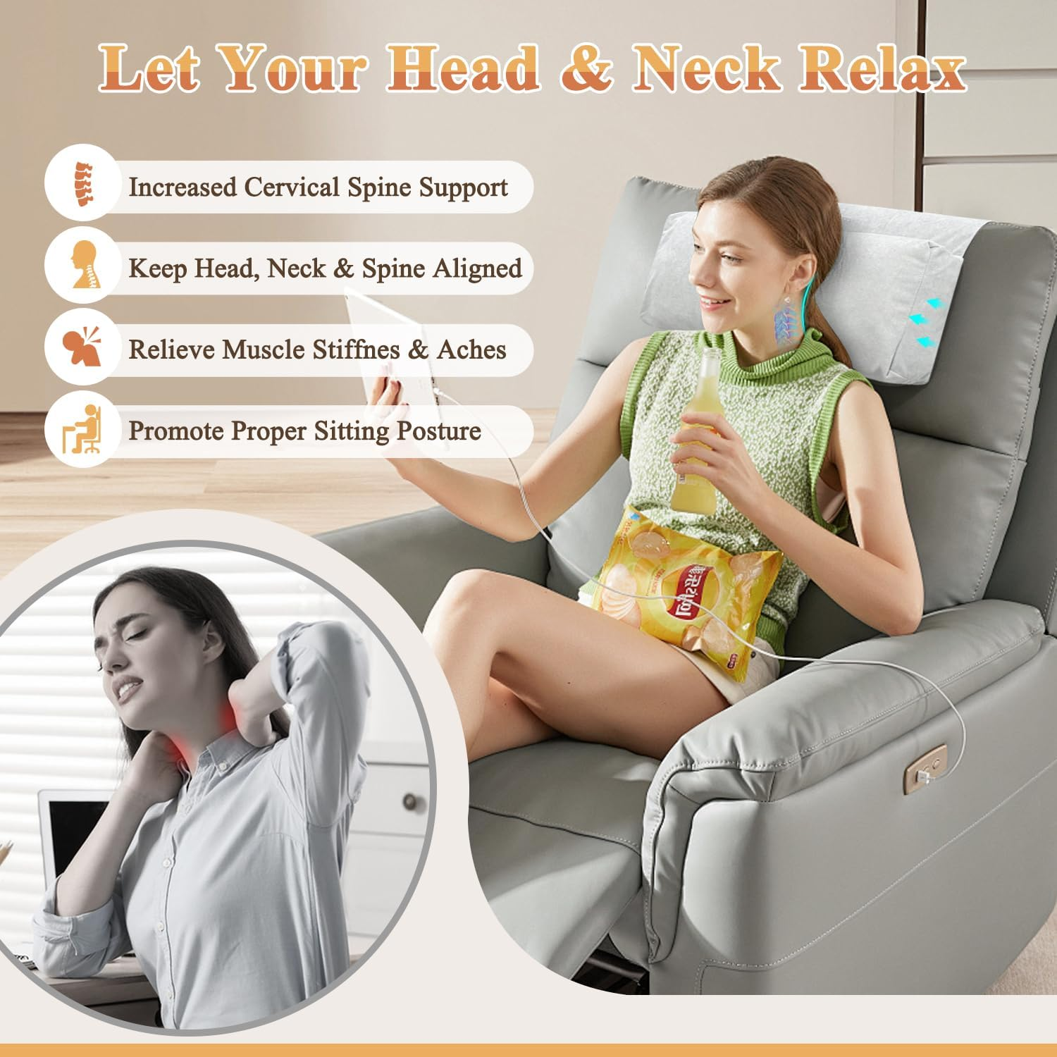 Recliner Pillow for Headrest, Neck and Head Pillow for Recliner Chair, Neck Support Pillow for Chair Head Rest, Couch Neck Pillow Headrest Cushion for Pain Relief, Cervical Support with Storage Pocket image number 1