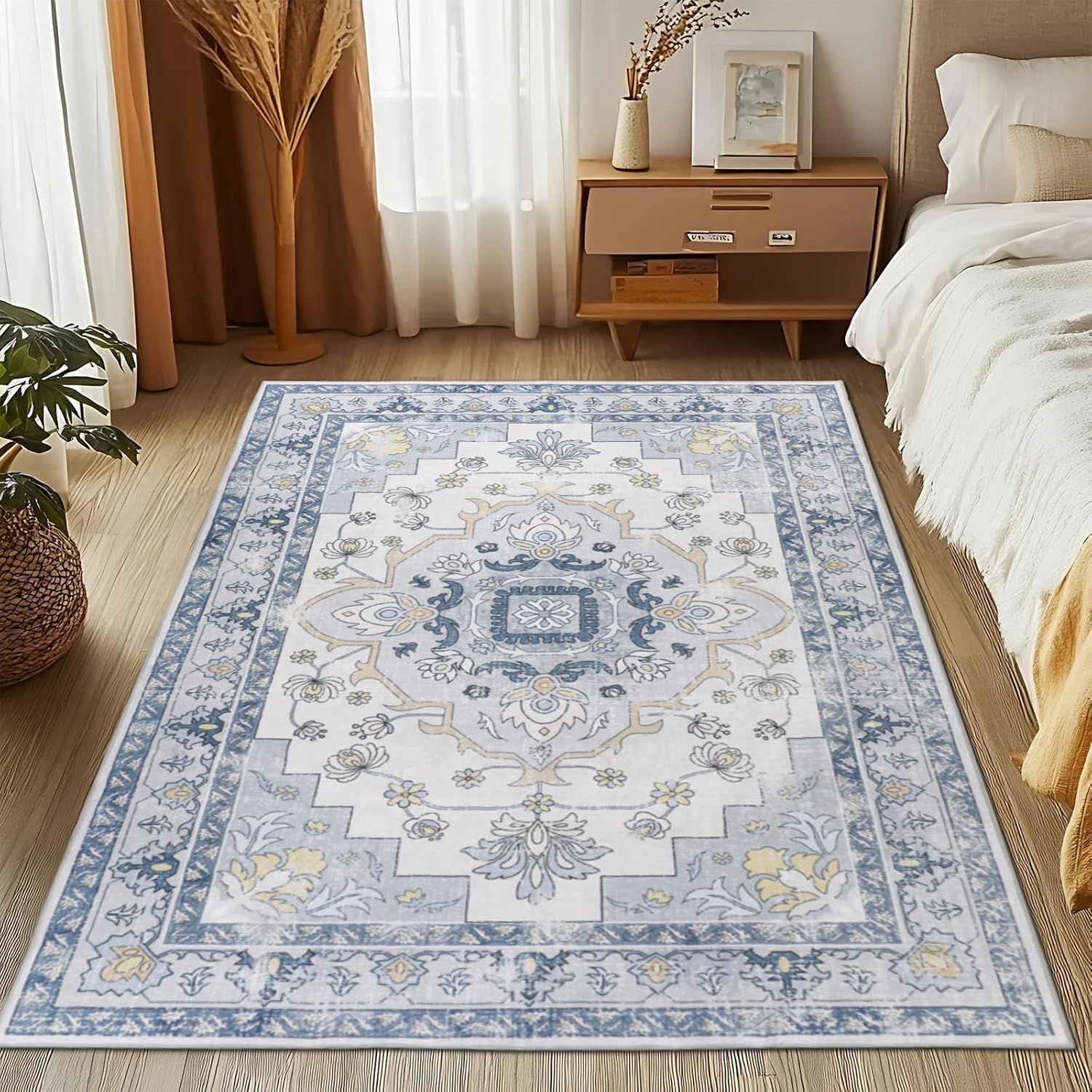 MOSISO 4X6 Area Rug for Living Room, Washable, Non Slip Vintage National, Low Pile Carpet, Faux Wool Rectangular Area Rug Carpet for Living Bedroom Dining Room, Home, Blue