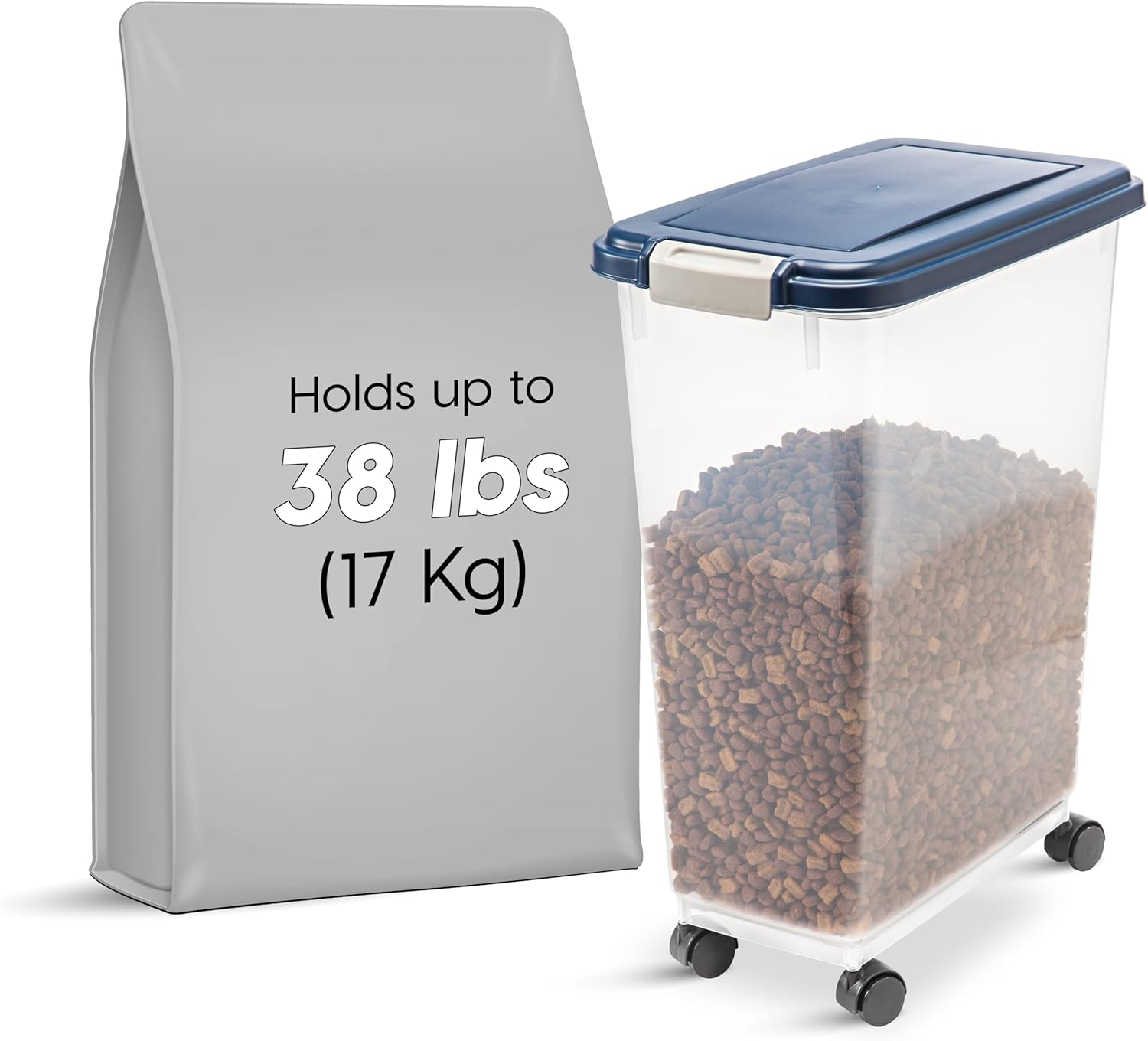 IRIS USA 35Lbs./47Qt. Weatherpro Airtight Pet Food Storage Container with Attachable Casters, for Dog Cat Bird and Other Pet Food Storage Bin, Keep Fresh, Translucent Body, Easy Mobility, Navy