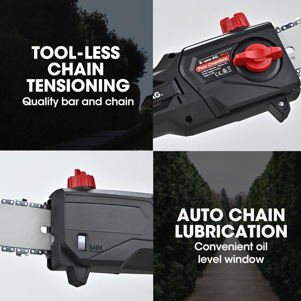 Baumr-Ag 20V SYNC Cordless Pole Saw & Hedge Trimmer Combo, 8 Inch Chainsaw Pruner, Telescopic Handle, with Battery and Charger Kit image number 4