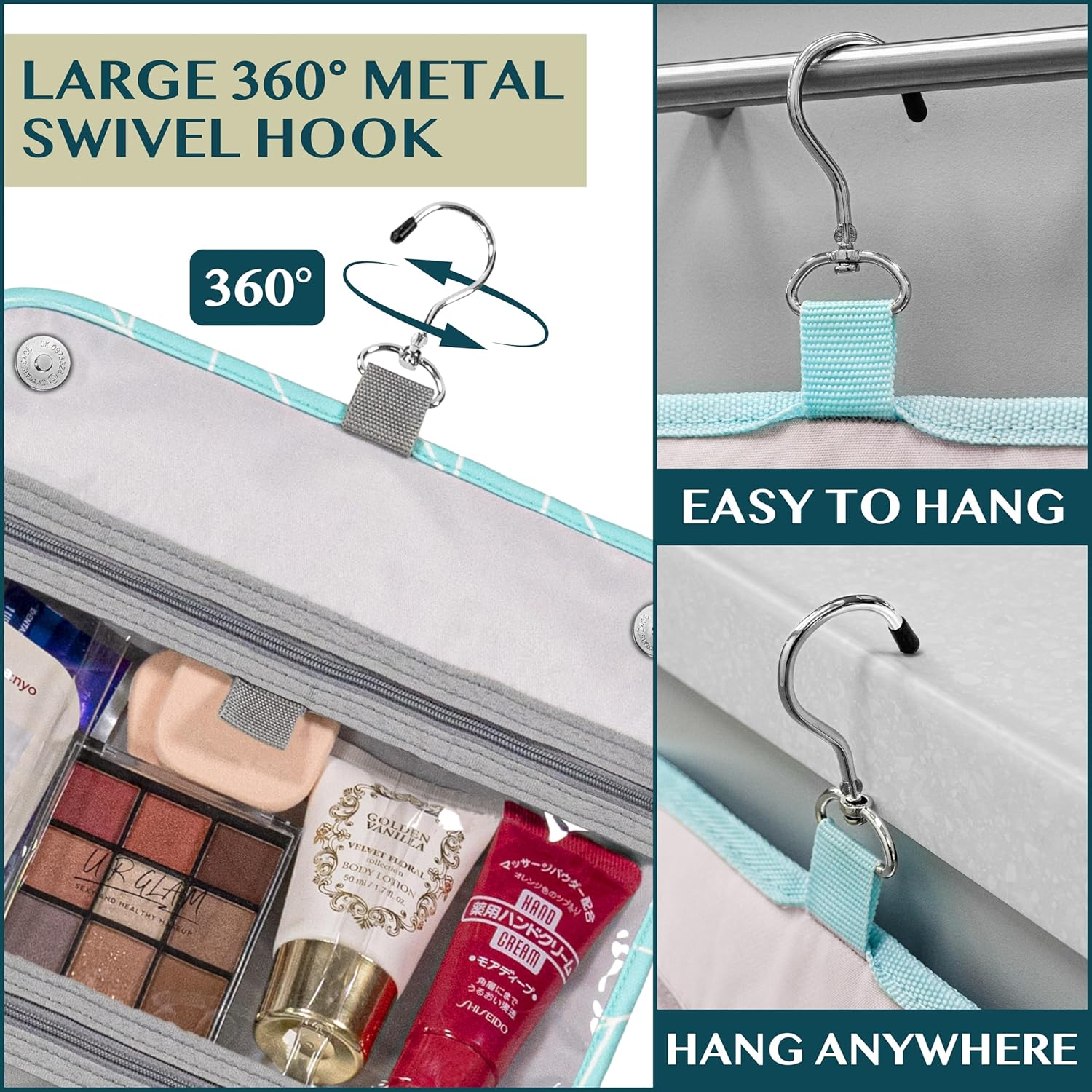 PAVILIA Hanging Toiletry Bag Women Men, Foldable Cosmetic Organizer Travel Bag, Water Resistant Makeup Bag Toiletries, Large Travel Essentials Kit, Teal Chevron, Large, Classic image number 4