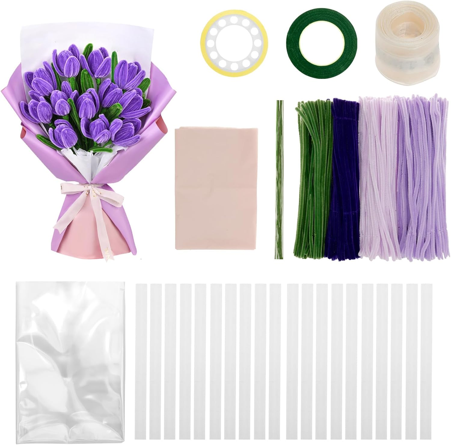 Fwqofvk Pipe Cleaner, Twisted Stick Bouquet with Tubular Cotton Swab Flower Stalk Gardening Tape Ribbon Creative DIY Kit, for DIY Art and Craft Creative Gift Party Decorations 30Cm (Purple)