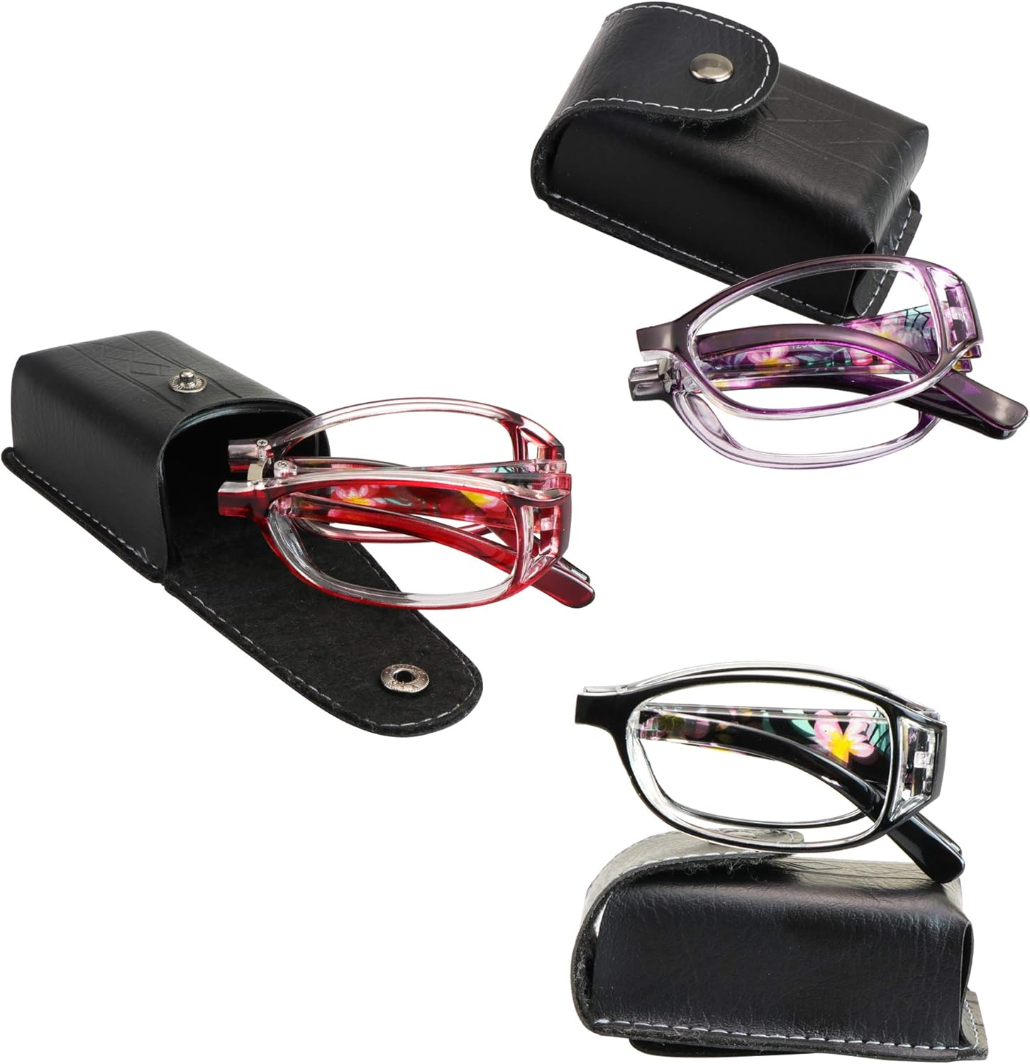 3 Pair Reading Glasses Foldable Readers with Blue Light Blocking Lens Compact Folding Glasses for Women Reading Case Included