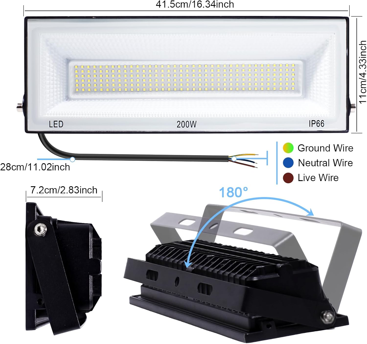LED Flood Light Outdoor 200W, 2 Pack 20000LM IP66 Waterproof LED Work Light 6500K Cool White Floodlight Spotlights, Outdoor Security Light for Warehouse Garden Garage Yard image number 5