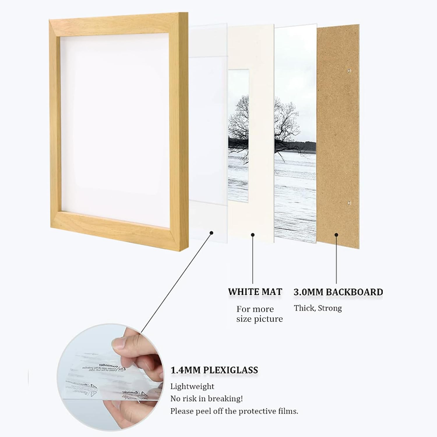 Solid Wood Picture Frame 8X10 Natural Wooden Photo Frames with Mat,Wall Poster Frame for Home Office Decor, Tabletop and Wall Mounting, High-Definition Plexiglass image number 2