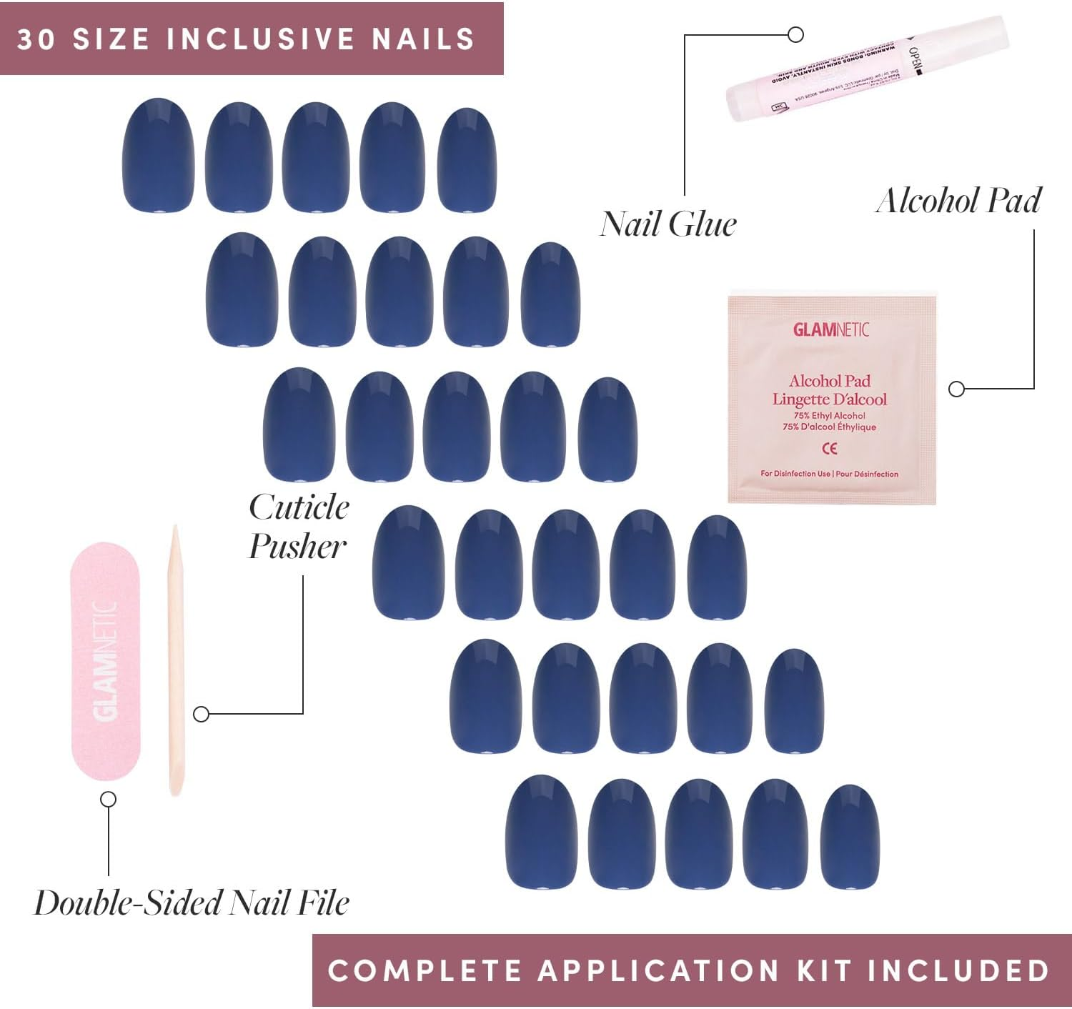 Glamnetic Press on Nails - Regal Blue | Opaque Dark, Moody Blue Short round False Nails, Reusable Stick on Fake Nails with Glue | Salon Quality | 12 Sizes - 30 Nail Kit - 4-Cobalt Blue image number 6