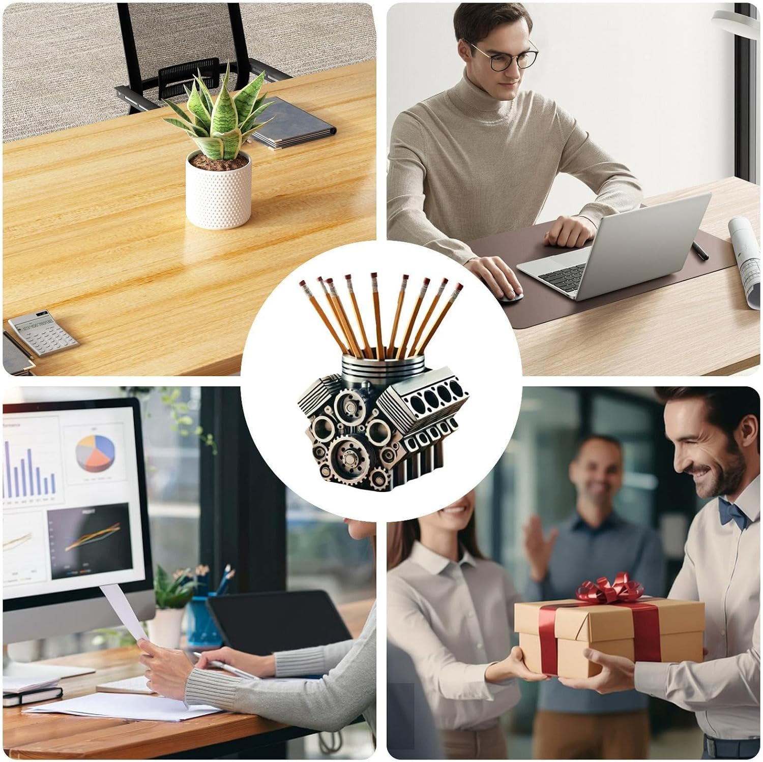 Engine Pencil Holder, Creative Pencil Holder, Stationery Storage, Mechanical Design Organizer, Supplies, Desk Accessory, Home Office Decor, 4.72X4.53X3.94 Inches image number 1