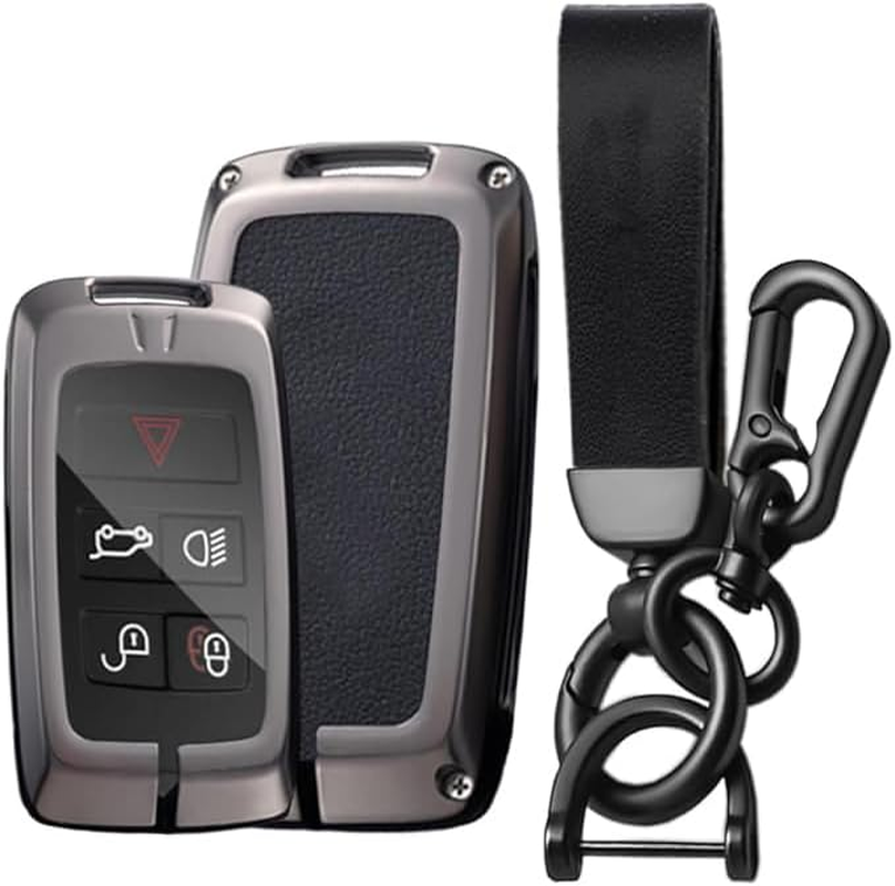 Ontto Alloy Leather Car Key Fob Cover Fit for Range Rover Evoque Sport Vogue Discovery 5 for Jaguar E I-PACE 2018-2023 Smart Key Holder Case Keyring Shell Bag Keychain Accessories