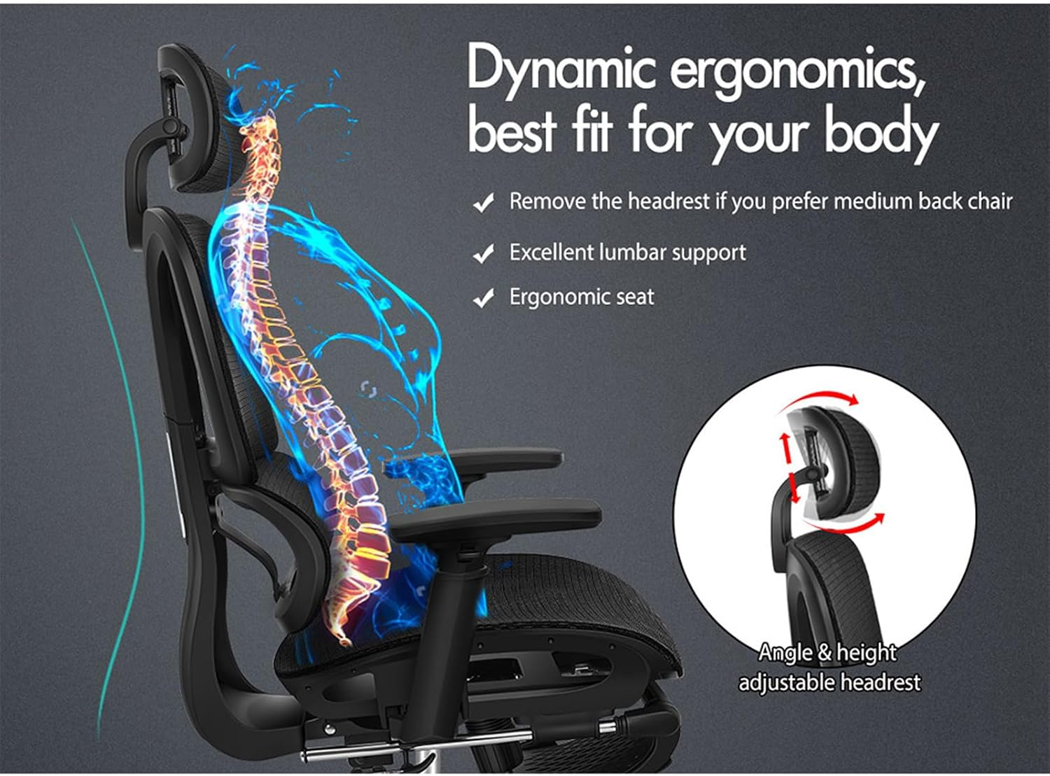 ALFORDSON Ergonomic Mesh Office Chair with 3D Armrest, Recline & Tilt Executive Study Chair with Adaptive Lumbar Support, Computer Gaming Desk Chair with Adjustable Headrest & Footrest, Black image number 6