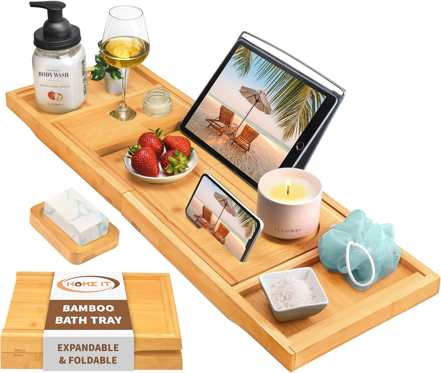 Home It Premium Foldable Bathtub Tray - Bamboo Waterproof Bath Tray for Tub Caddy - Wooden Holder for Wine, Book, Soap, Phone, Luxury Gift for Men & Women - Expandable, Fits Most Tubs in Bathroom image number 5