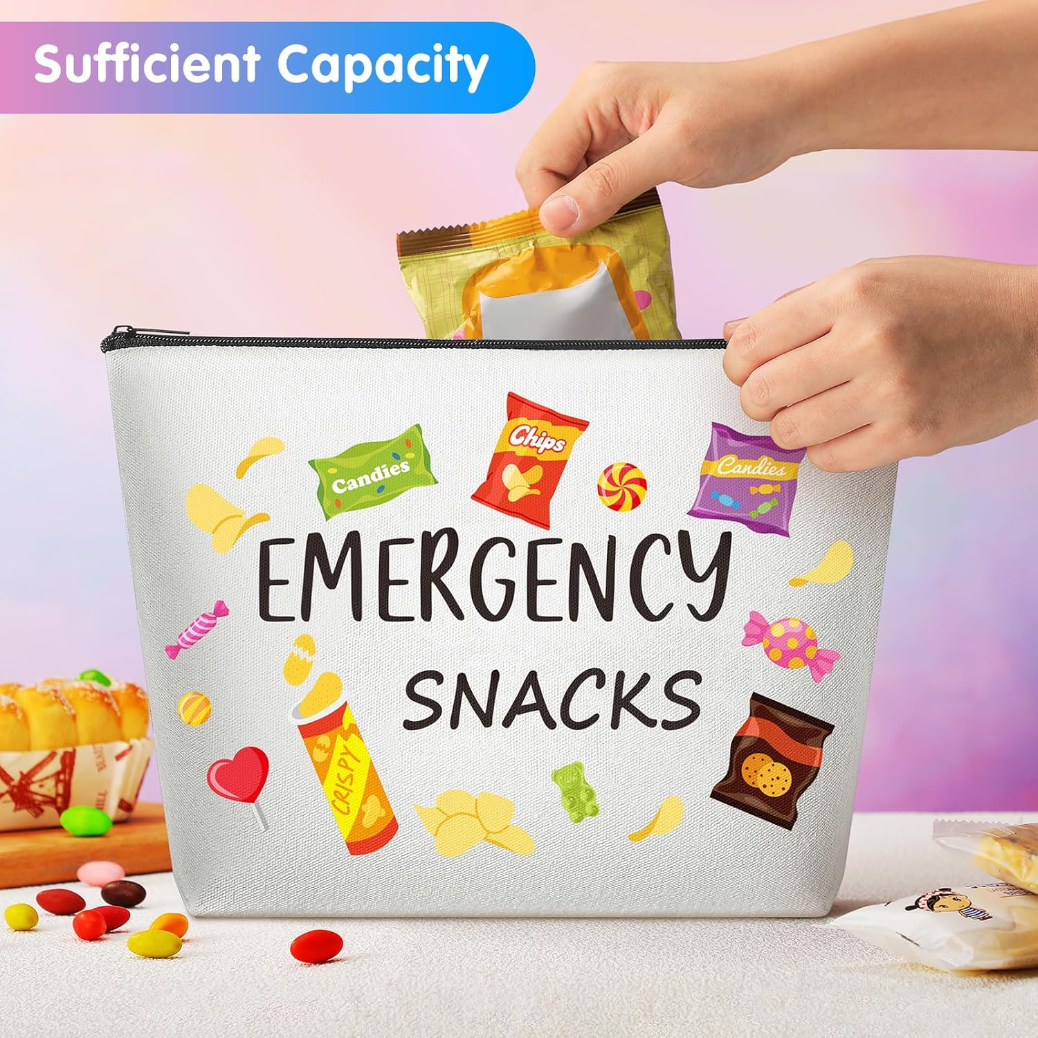 12 Pcs Emergency Snack Bags Bulk Food Makeup Bag Foodie Zipper Cosmetic Pouch Reusable Emergency Snack Pouch for Women Girls Trip Gifts Favors School Work Travel Organizer image number 2