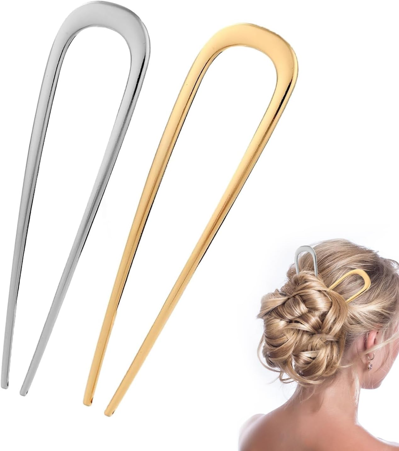 NECXON 2 Pcs Elegant Metal Hair Pins, U Shape Metal French Bun Hair Pins, Perfect for Any Occasion(Silver & Gold)