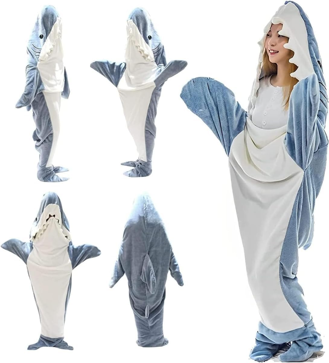 Blue Shark Hooded Blanket Hoodie for Adult Kids, Cozy Soft Flannel Fleece Jumpsuit Costume, Shark Onesie, Wearable Blanket, Animal Blanket with Feet (Blue Shark, M) image number 5