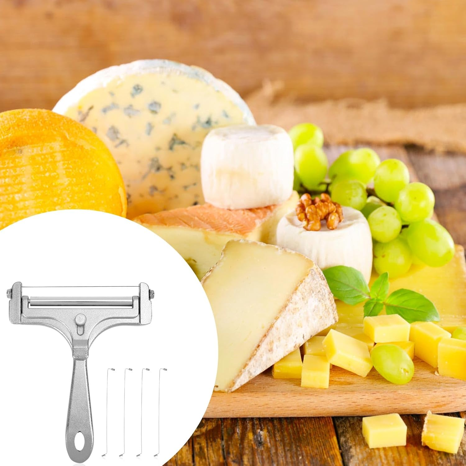 Lasuroa Cheese Cutter, Stainless Steel Cheese Slicer with 4Pcs Extra Wires Adjustable Handheld Butter Block Cutter for Cheddar Gruyere Mozzarella Kitchen Slicing Tools image number 6