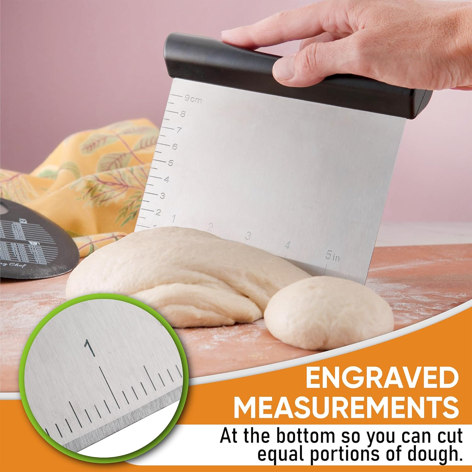 Spring Chef Dough Bench Scraper for Baking with Markings - Stainless Steel Kitchen Dough Cutter Tool with Bowl Pastry Scraper for Pizza, Bread, Pastries - Bench Knife - Dishwasher Safe - Black